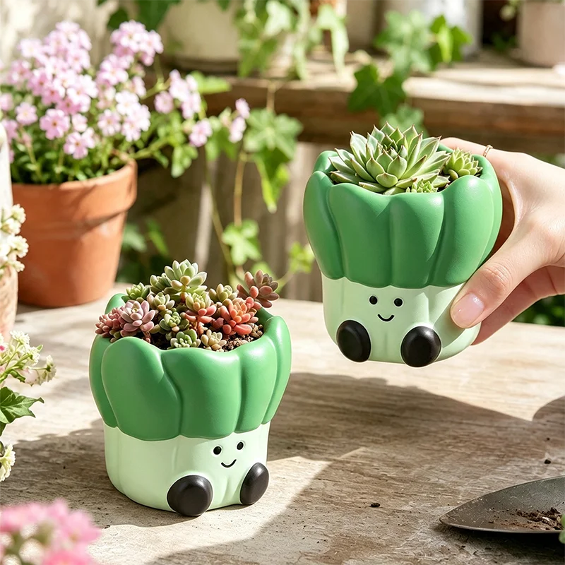 cache pot résine vert clair succulentes mignon visage souriant cactus décoration balcon