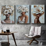tableaux decoratifs portraits feminins fleurs texturés contemporains sans cadre trois pieces