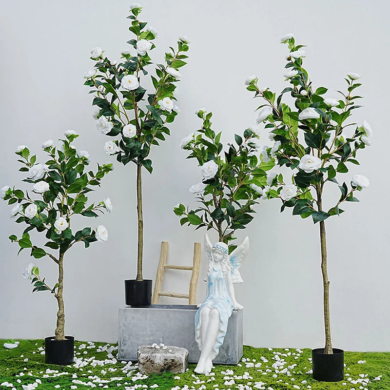 arbre artificiel camélia blanc feuillage vert pot noir décoration extérieure intérieure festive ornement