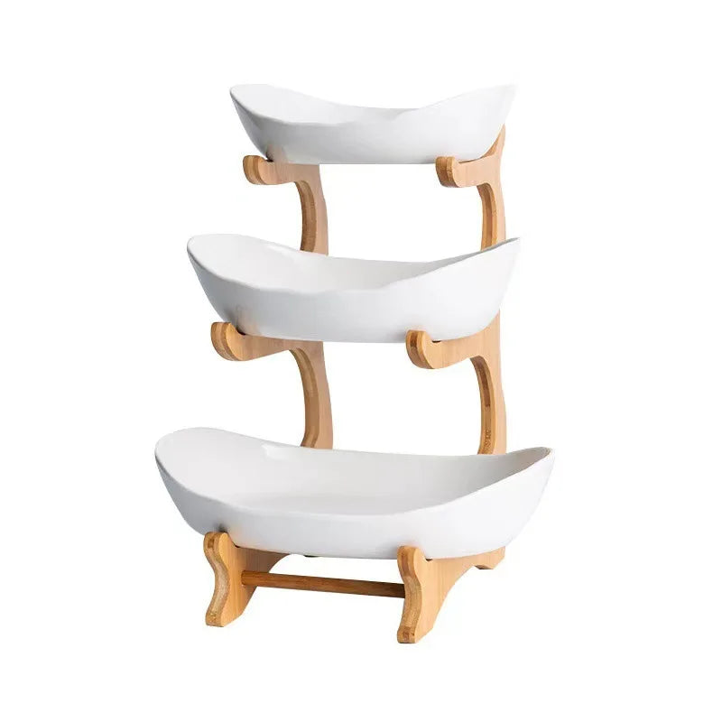 support fruits moderne bois blanc bambou compartimenté rose clair vert clips métalliques fruits variés
