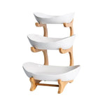 support fruits moderne bois blanc bambou compartimenté rose clair vert clips métalliques fruits variés