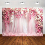 toile fond tulle semi transparent fleurs roses orchidées decoration murale romantique fiancailles mariage
