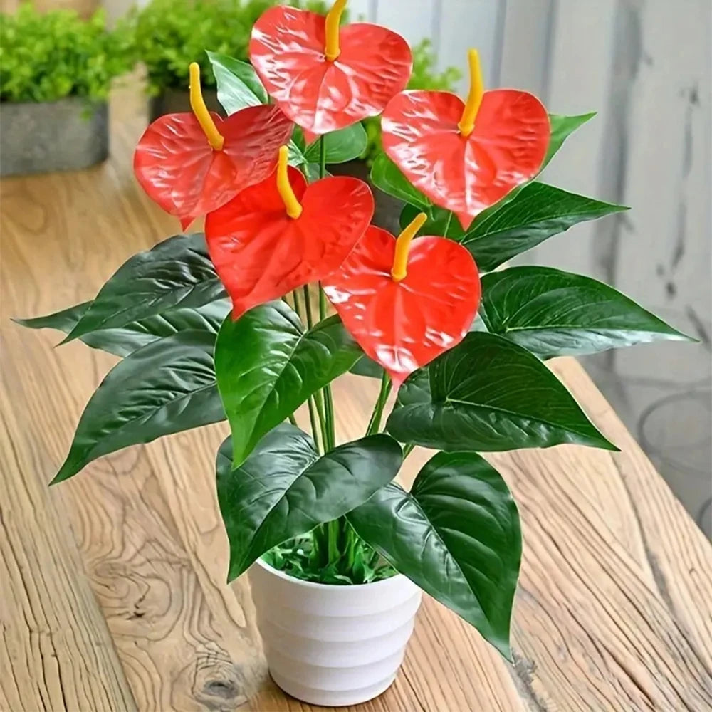 plante artificielle rouge verte feuilles larges fleurs coeur moderne decoration maison exterieur anniversaire pot