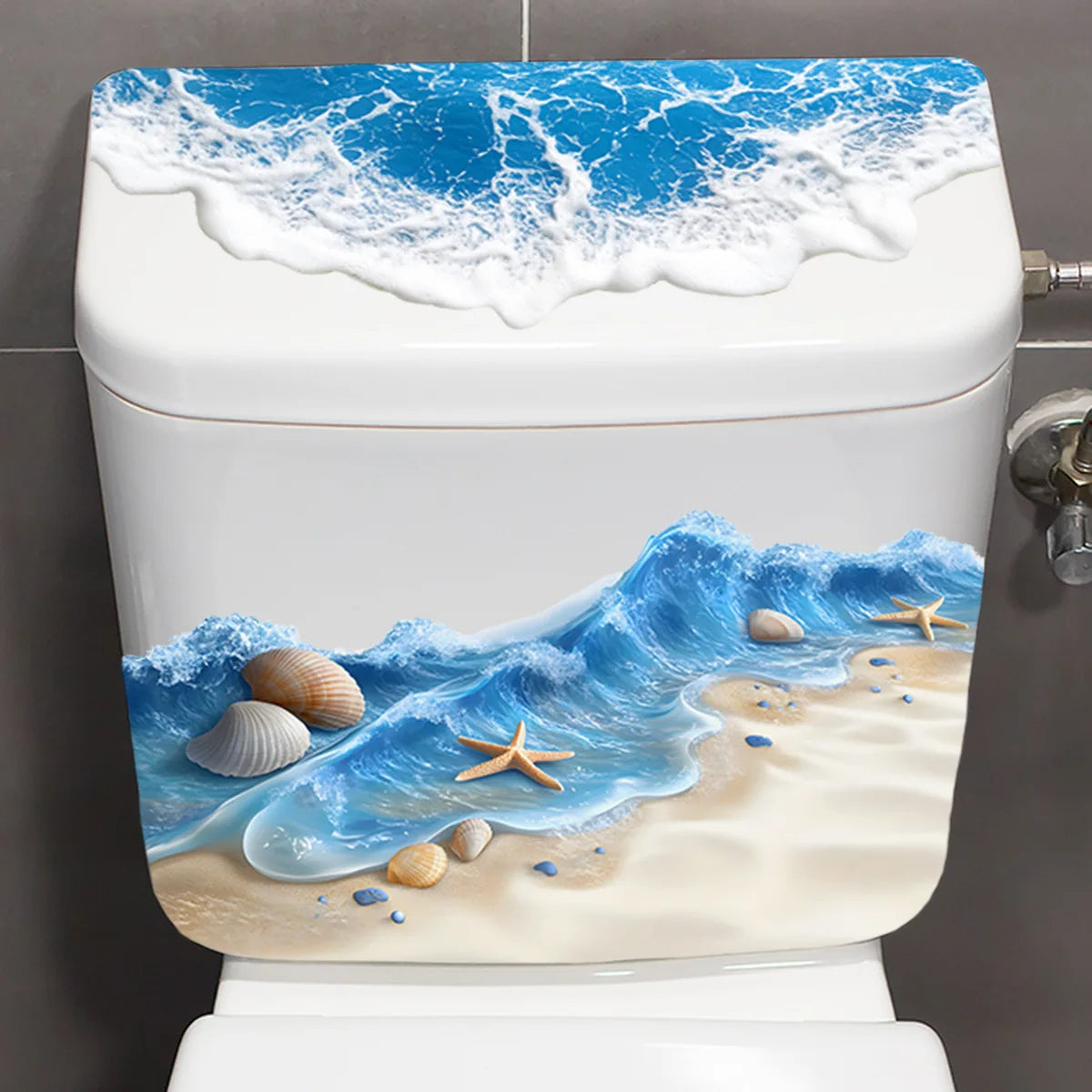 cache wc thème marin ondes mer coquillages étoiles mer adhésif bleu blanc beige