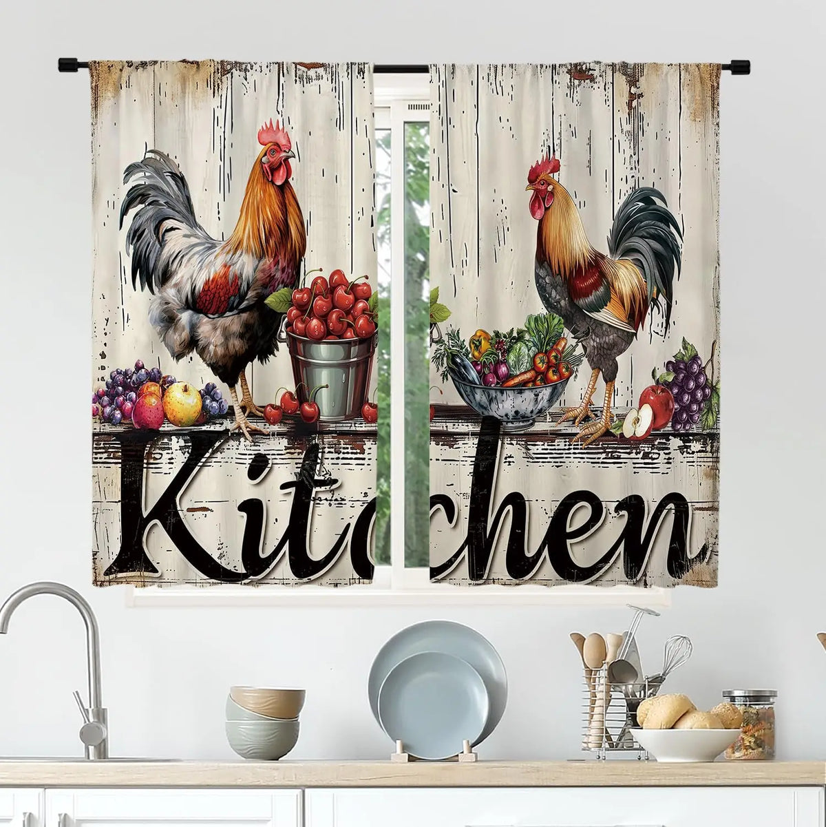 rideaux cuisine ferme motifs coqs fruits bois vieilli occlusion moyenne tringle