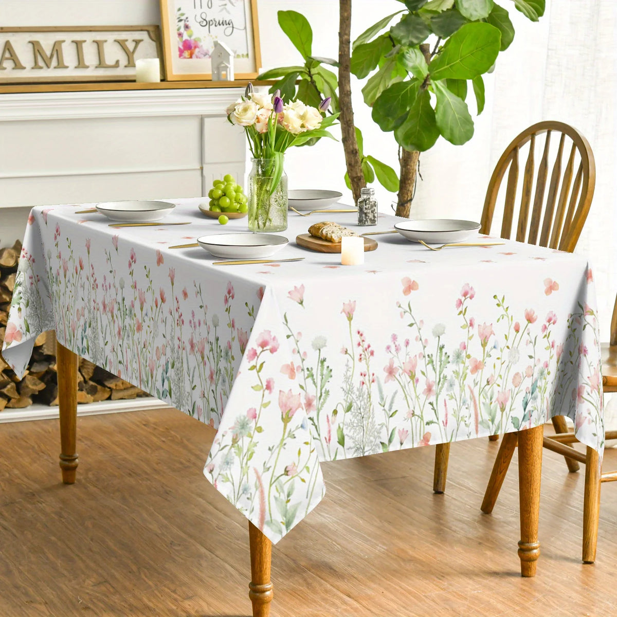 nappe rectangulaire moderne fleurs printemps polypropylene reutilisable blanc rose verte grise table