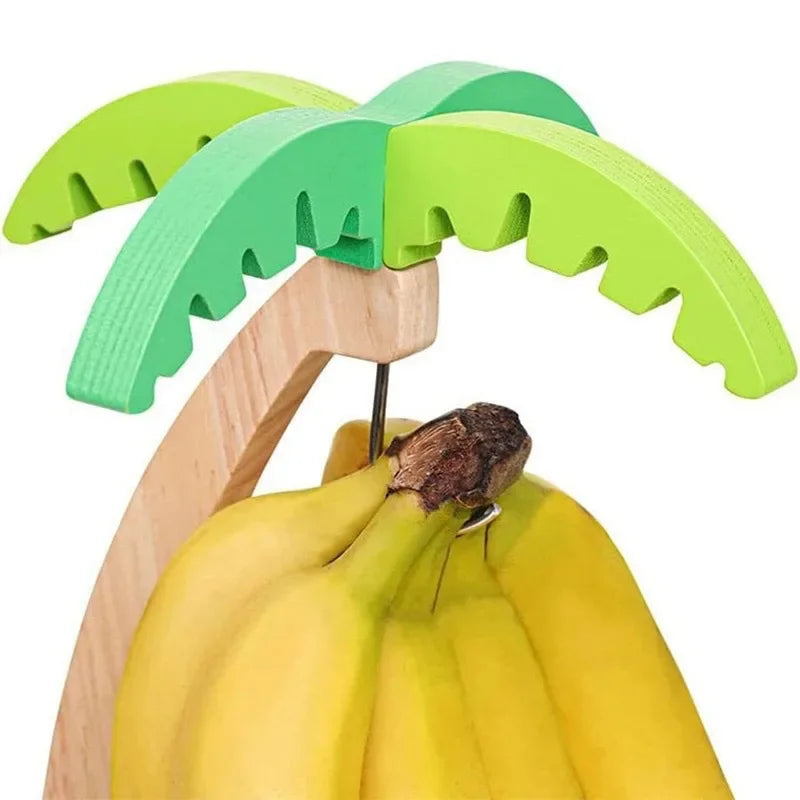support bananes bois vert stylisé moderne feuilles palmiers anneaux métalliques deco cuisine