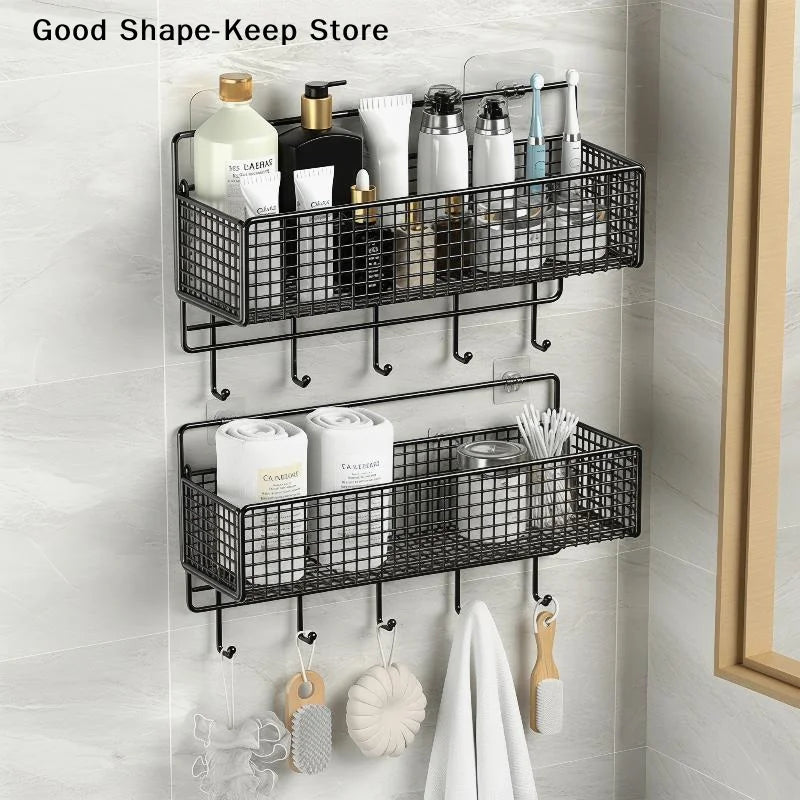 rangements muraux adhésifs paniers noir maille métallique moderne accessoires salle bain crochets organisateur toiletté