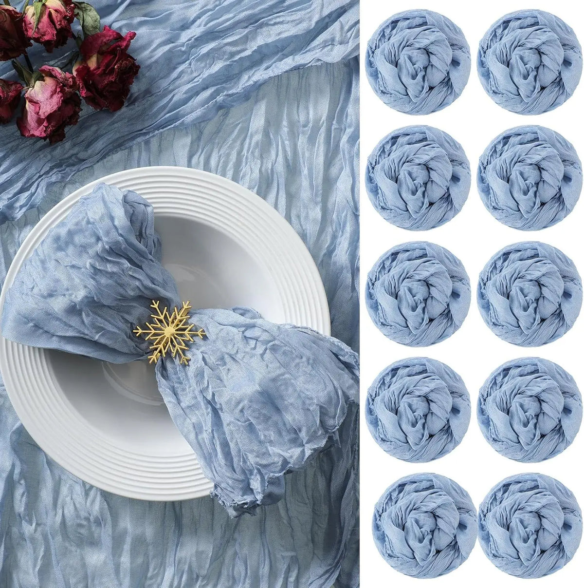 serviettes gaze coton bleu clair rayures fines élégantes mariage table décoration rustic farmhouse