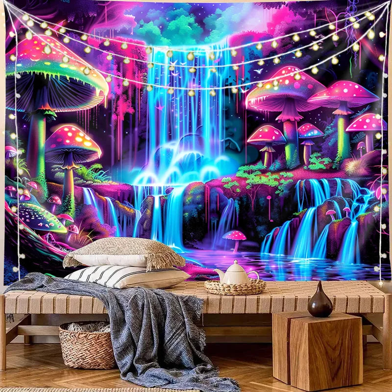 tapisserie fantaisie paysage violet bleu vert rose cascades plantes modernes chambre salon
