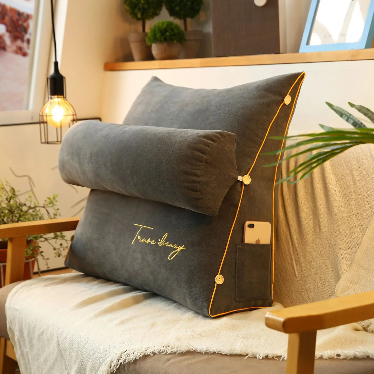 coussin lecture triangle mousse mémoire forme dossier canapé lit support lombaire gris uni