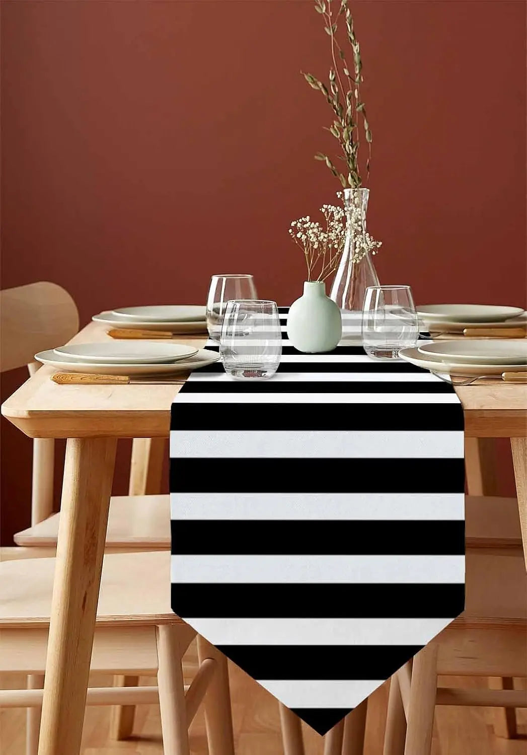 chinois moderne chemin table lin noir blanc rayé