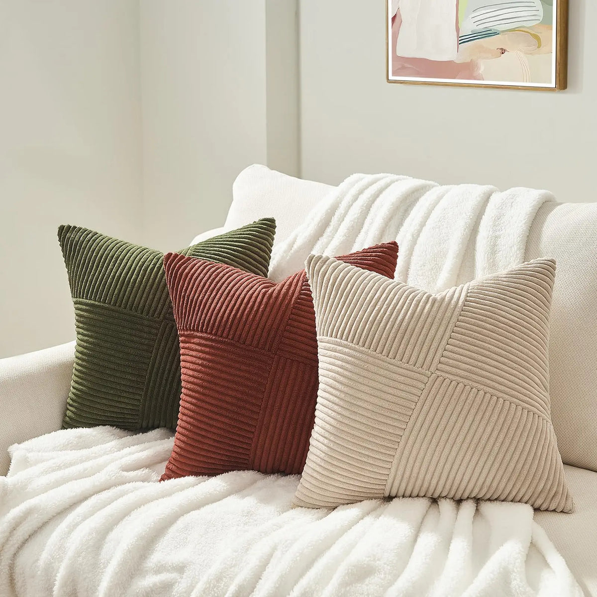 ensemble coussin décoratif vert olive rayures horizontales moderne velours côtelé patchwork canapé