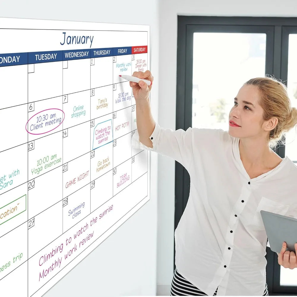 calendrier mural blanc bleu vert rose noir grille dates moderne pratique autocollants adhésifs undaté