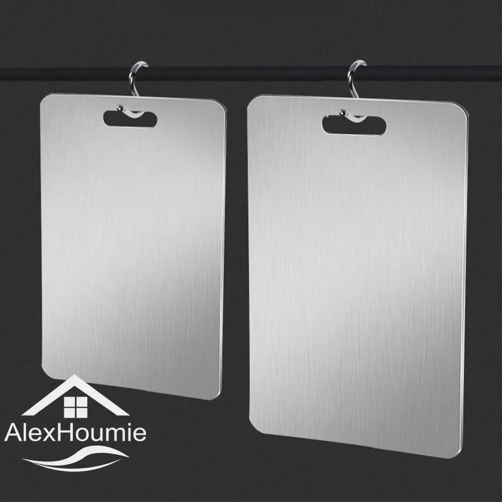 planche découper acier inoxydable rectangle moderne lisse clips argente sale