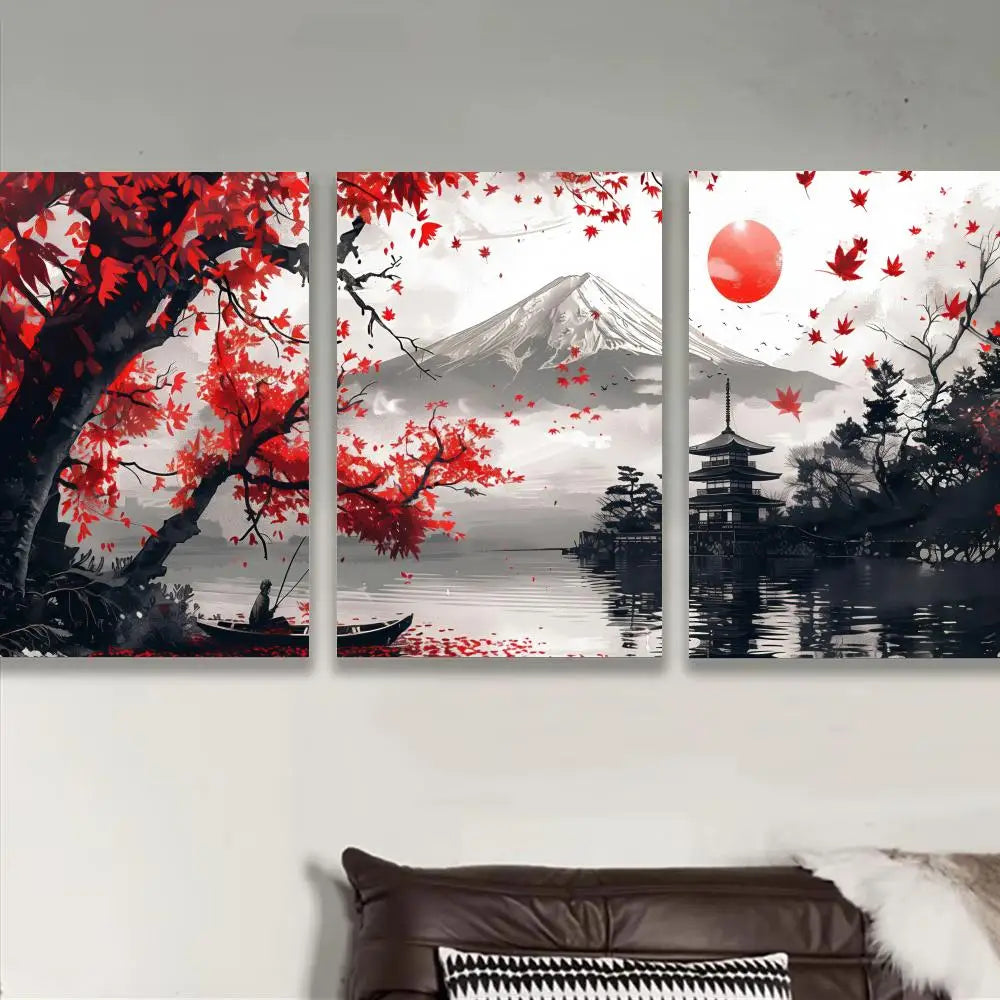 paysage japonais montagne lac pagode tableau rouge noir blanc gris sans cadre art contemporain