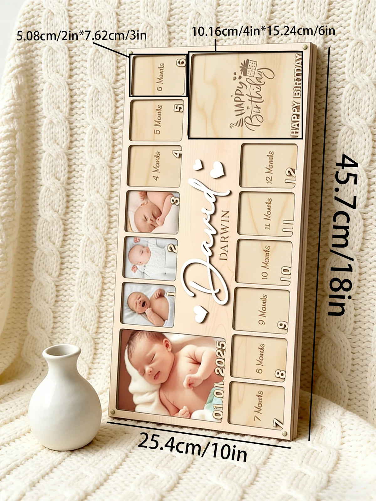 calendrier photo personnalisable bois clair moderne compartiments photos nom date événements familiaux souvenirs naissance