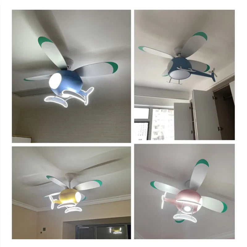 ventilateur moderne hélicoptère bleu rose enfantin led télécommande lumières