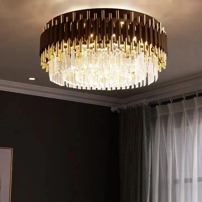 lustre contemporain noir doré cristal suspension salon élégante barres verticales pendants transparents