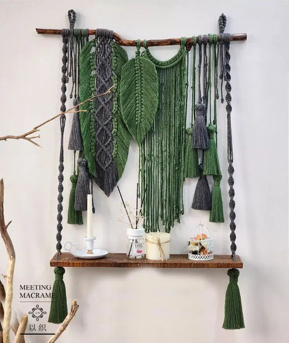macramé boho chic étagère suspendue franges feuilles noeuds plantes vert gris bleu marron rose