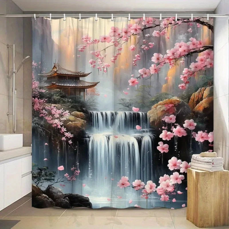 rideau douche moderne fleurs cascade paysage oriental opaque polyester respectueux environnement blanc rose gris