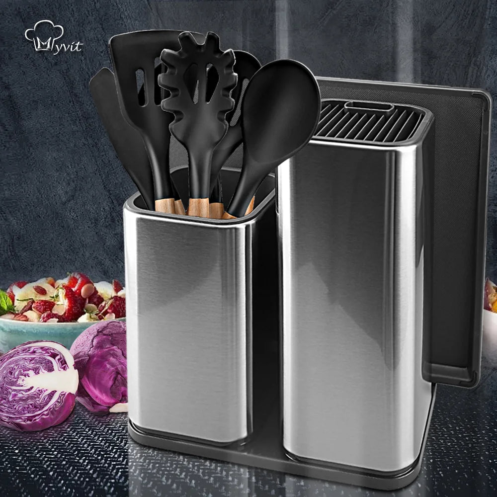 ensemble couteaux cuisine acier inoxydable moderne scies planche découpe support rangement