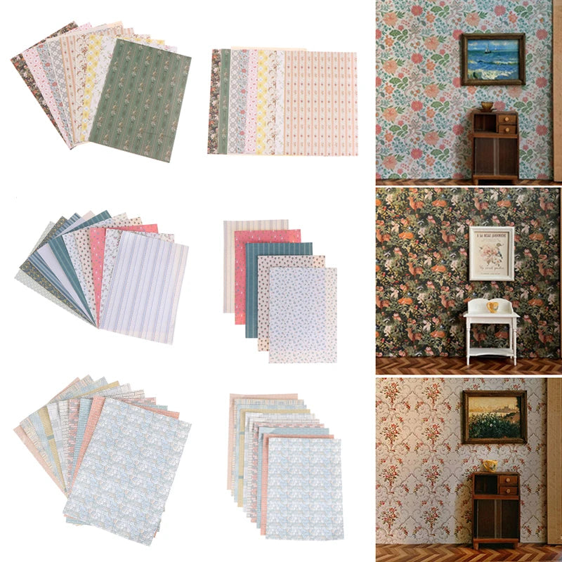 papier peint adhésif miniature fleurs vintage maison poupée décoration murale petite taille
