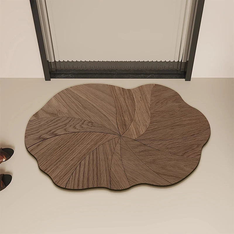 tapis salle bain texture bois rayures concentriques couleur beige brun rustique