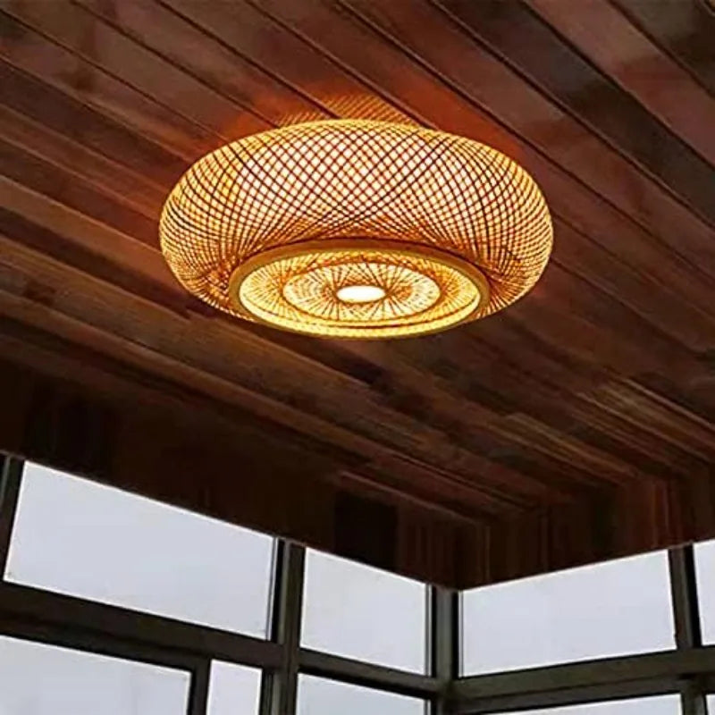 lampe suspendue tissage rotin moderne naturel 40cm 3000k 6000k tringle bambou sans ampoule