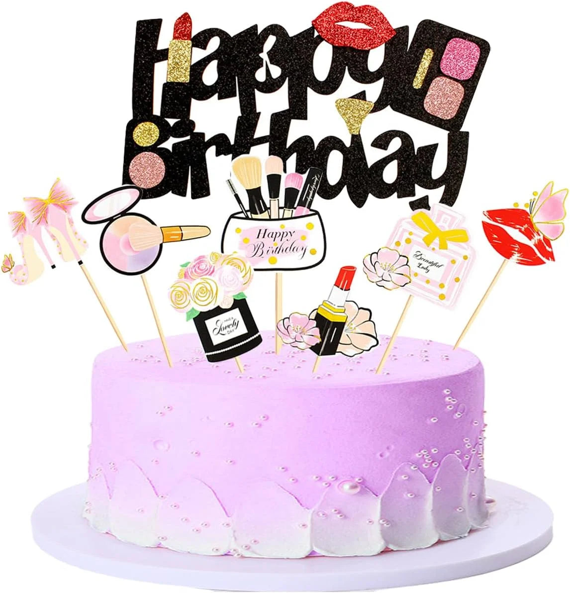 accessoires gâteau glitter strass parfum maquillage cils brosse cartes happy birthday miss beauty festive