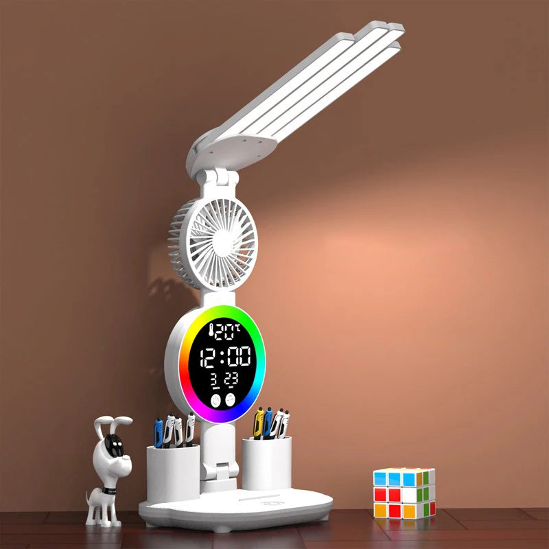 lampe rechargeable led moderne horloge ventilateur blanc multifonctionnelle tasses stylos rubik cube figurine chien