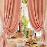 rideaux vintage rose clair bleu clair beige translucides ruches blanches maison