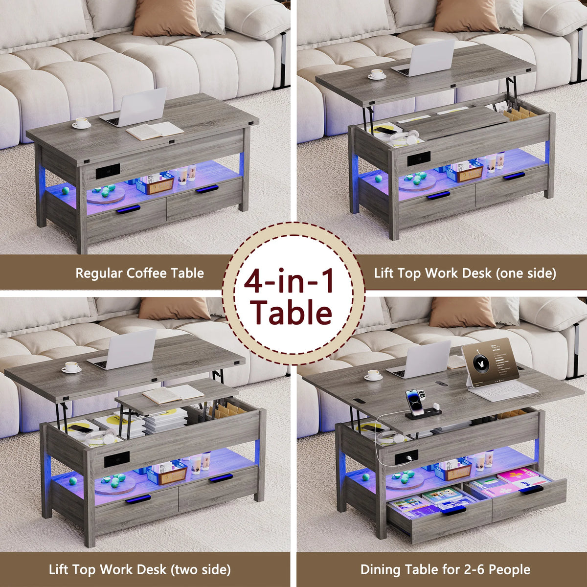 table basse multifonctionnelle tiroirs rangement éclairage led prise usb aspect bois moderne