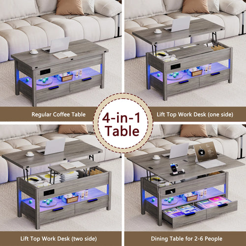 table basse multifonctionnelle tiroirs rangement éclairage led prise usb aspect bois moderne