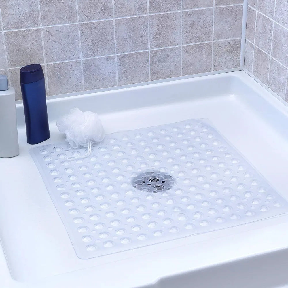 tapis bain antidérapant pvc bleu blanc noir perforé moderne adhésif 53x53cm