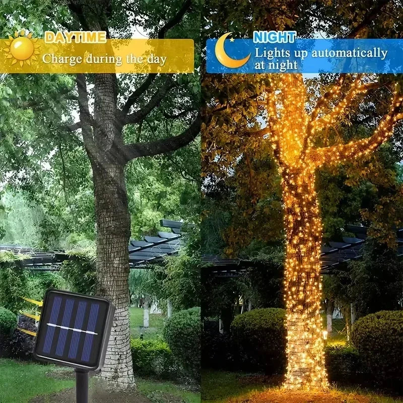 guirlande lumineuse solaire 100 led blanc chaud moderne modes ip65 auto recharge extérieure jardin