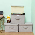 boîte rangement pliable tissu lin gris beige couvercle poignées vêtements