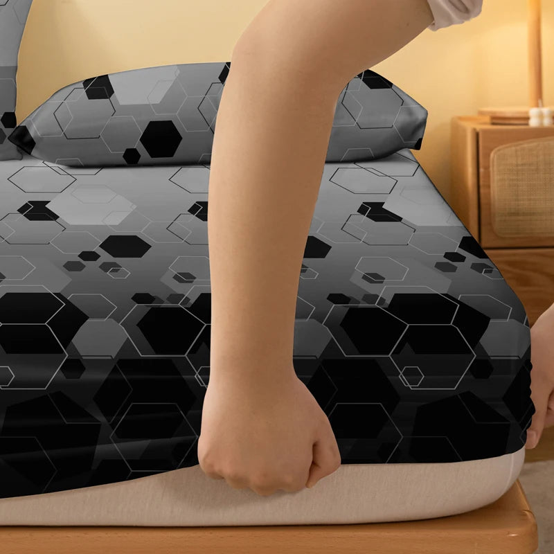 drap plat géométrique moderne noir gris hexagones polyester lit chambre coucher