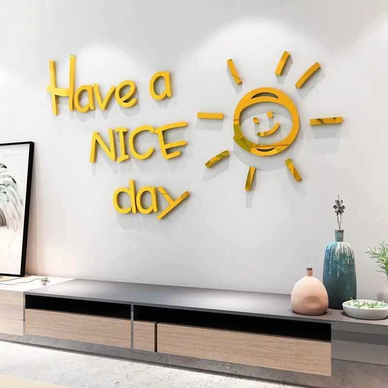 décoration murale moderne lettres have nice day soleil souriant noir rouge doré
