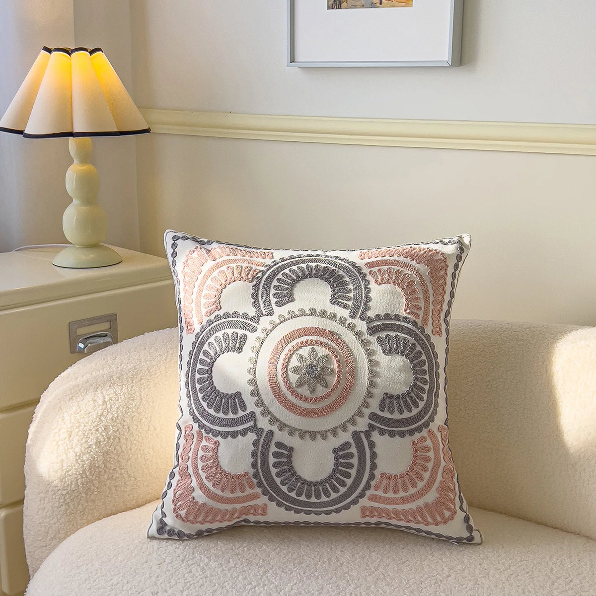 taie d'oreiller carrée fleur motif moderne polyester coton 45x45cm blanc