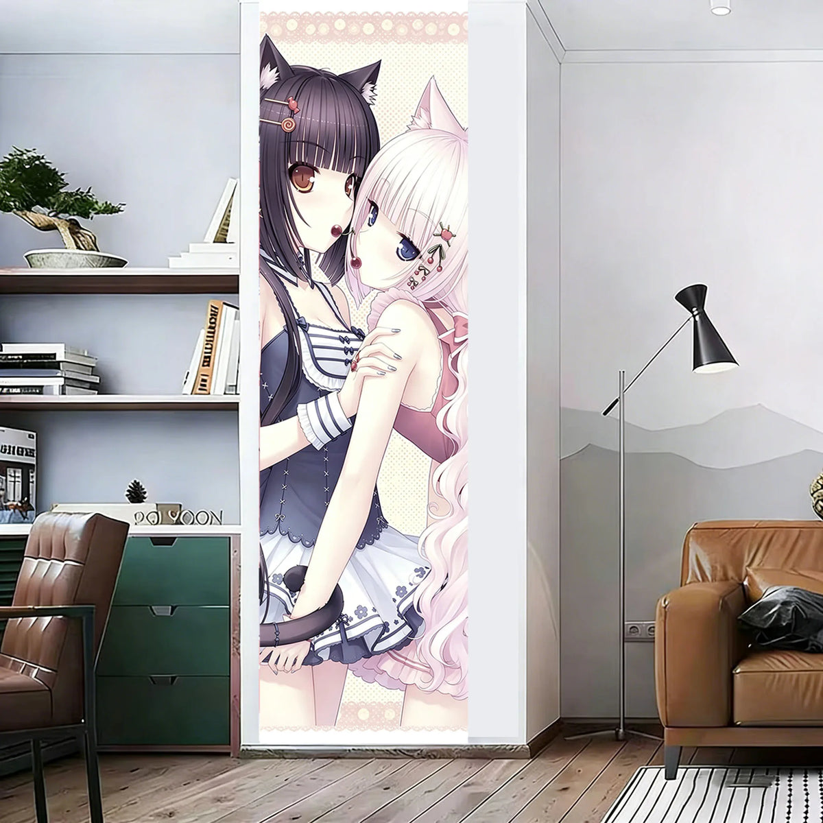 Poster mural anime personnages chats oreilles floral bleu marine rose blanc chambre filles
