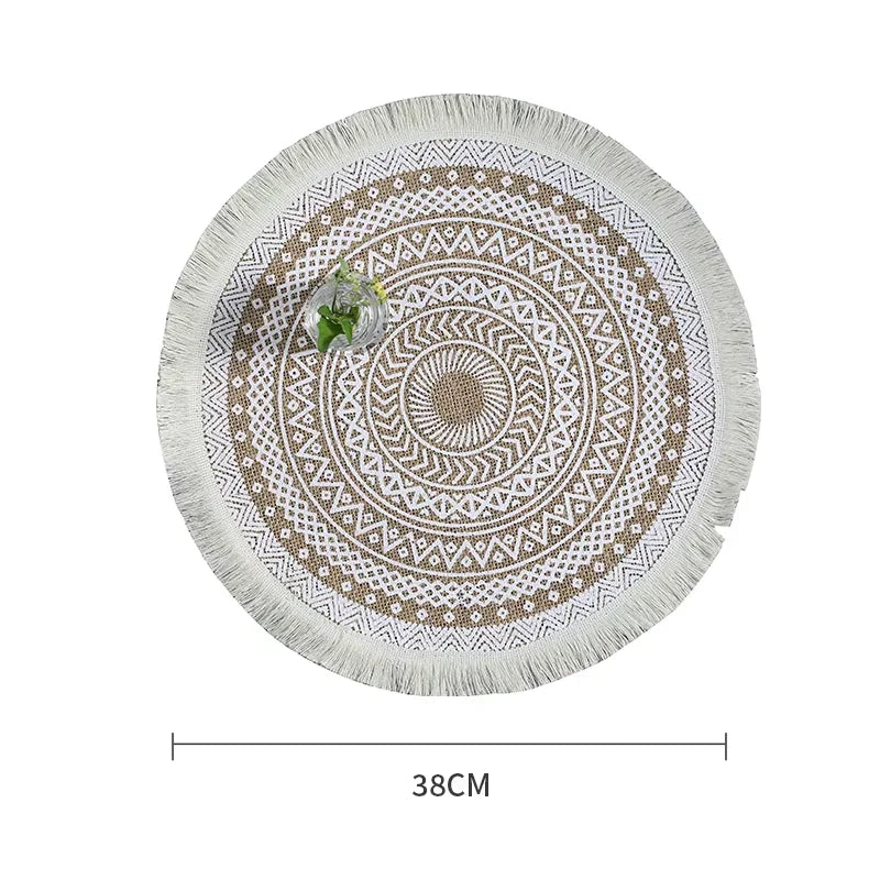 tapis rond boho chic motif floral franges beige clair salon chambre coucher moderne geometrique