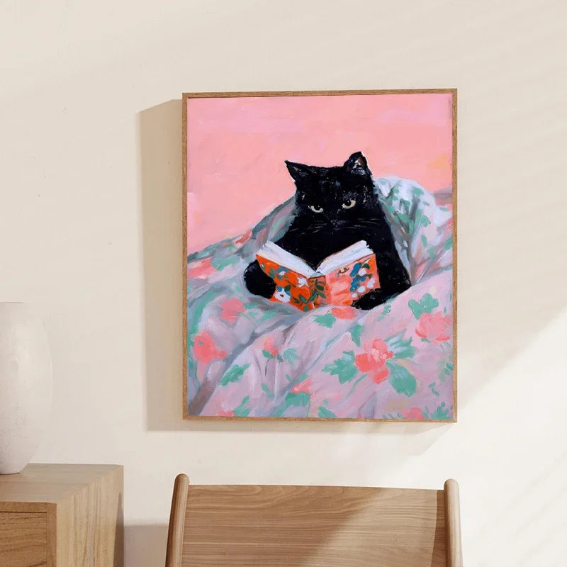 tableau peinture l'huile chat rose livre fleurs couverture couleurs classiques salon décoration