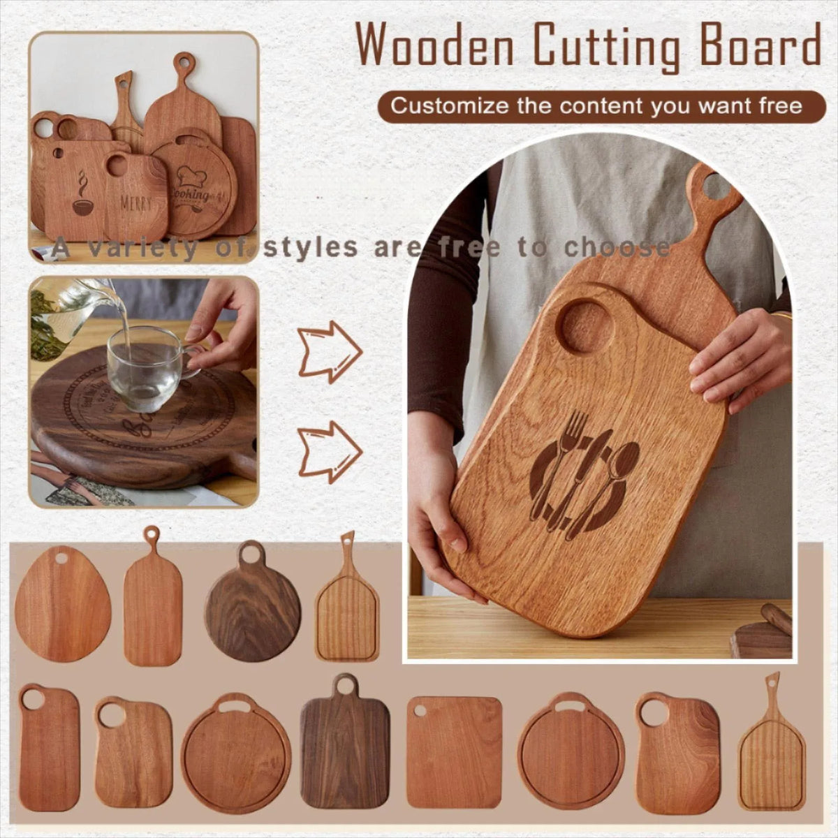 planche découper bois naturelle rustique poignées circulaires fourchette cuillère tartine pain