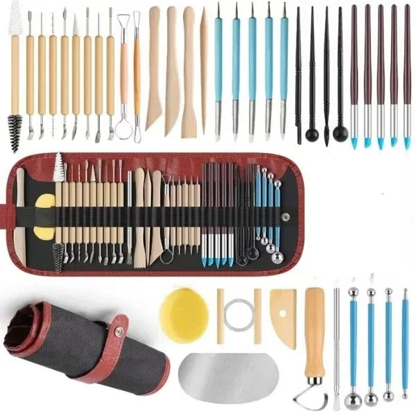 ensemble pinceaux outils céramique sculpture poignées bois métal pointes plastique transparent ergonomiques