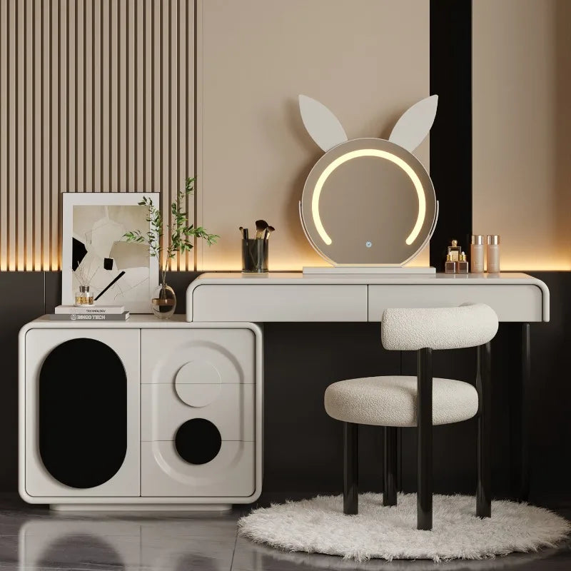 meuble maquillage blanc moderne plateau tabouret vase bouteilles parfum écologique bois.storage minimaliste