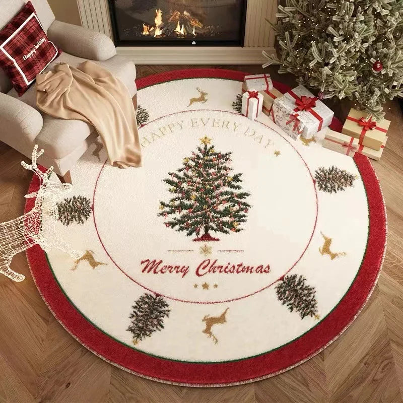 tapis sol rond noël arbre rouge cerf blanc décoratif festif maison salon intérieur