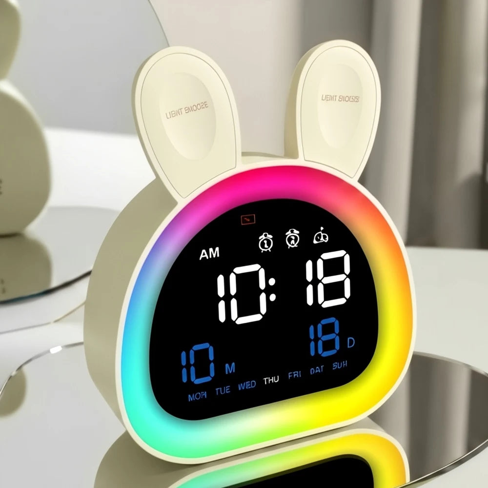 horloge table moderne blanc oreilles lapin lumiere d'ambiance port usb calendrier led lcd numériques