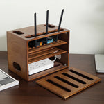 boîte rangement câbles bois marron clair moderne boite chargeur tablette blanc minimaliste