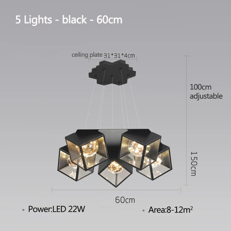 lampe suspendue moderne cubiques géométriques noir blanc chaînes interrupteur tactile chambre salon